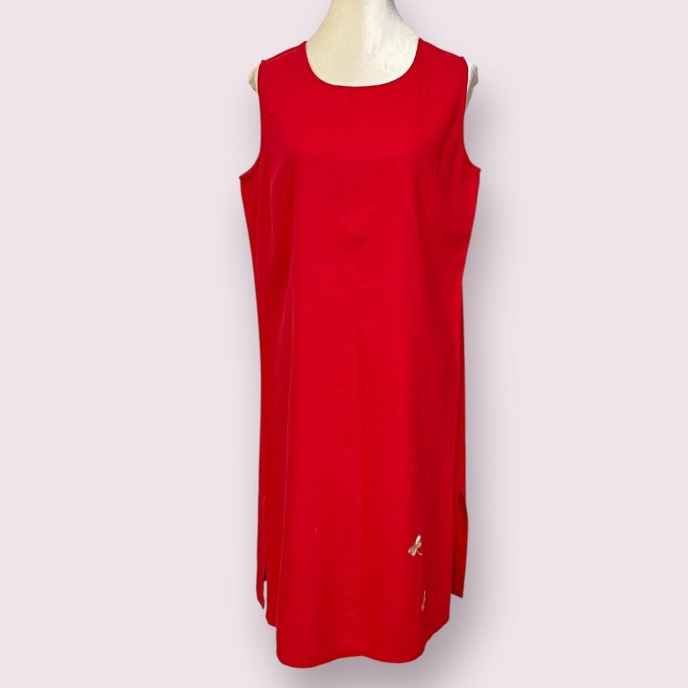 Stephanie Thomas Women’s Red Linen Midi Dress Size L Sleeveless Embroidered